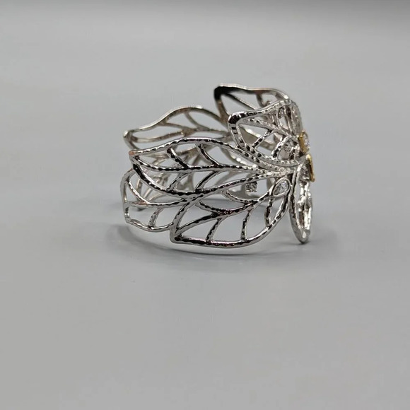 Silver Leaf Filigree Cuff Bracelet w/ 14K Gold Detail Cubic Zirconia - Picture 2 of 10